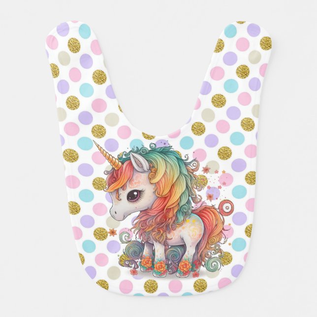 Pastel Polka Dot Unicorn Baby Bib (Front)