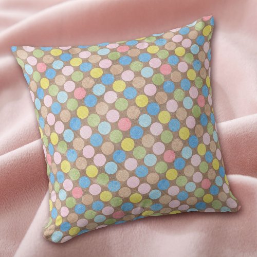 Pastel Polka Dots on Brown Throw Pillow