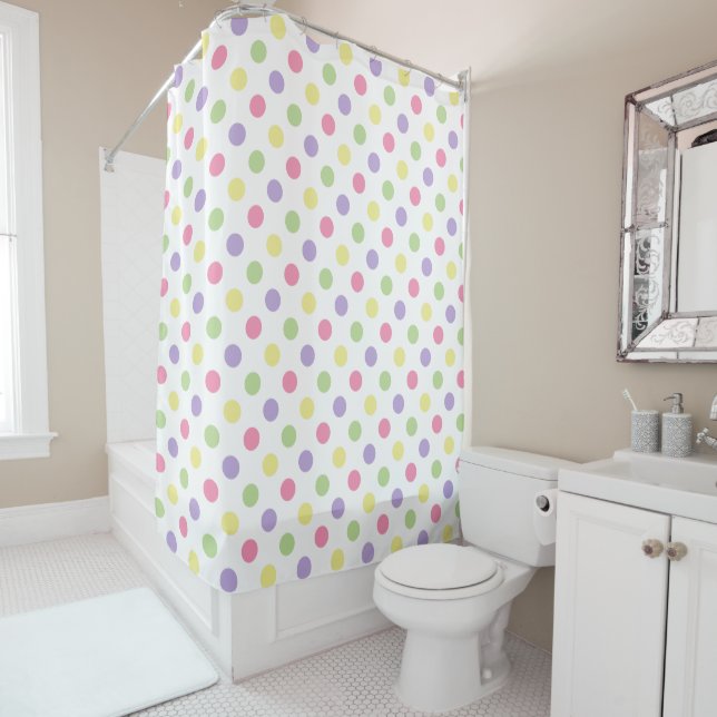 Pastel Polka Dots on Crisp White Shower Curtain (In Situ)
