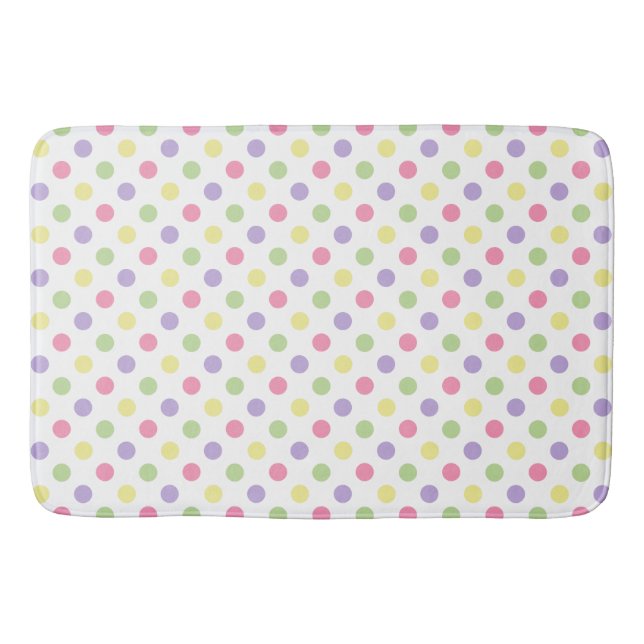 Pastel Polka Dots on White Bathroom Mat (Front)