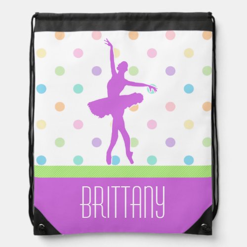 Pastel Polka_Dotted Tutu Dancer With Purple Detail Drawstring Bag