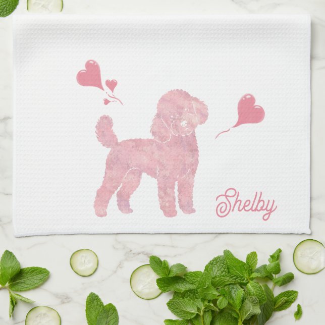 Pastel Poodle Silhouette Valentine Custom Name Kitchen Towel (Folded)