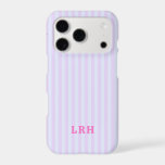 Pastel Pop Stripe Vintage Tiny Initials Monogram iPhone 17 Pro Case<br><div class="desc">Soft periwinkle and lavender set the tone, with a pink monogram that adds just the right pop. This color combo feels dreamy, calm, and polished—like vintage stationery meets modern prep. It’s pastel without being babyish, classic without feeling old, and playful in a low-key, aesthetic way. The pink monogram keeps it...</div>