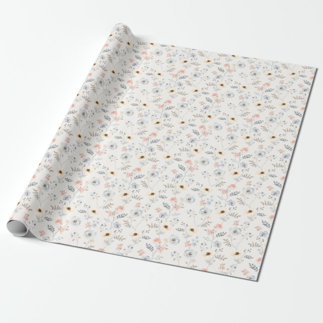 Pastel Poppy Floral Garden Pattern Wrapping Paper (Unrolled)
