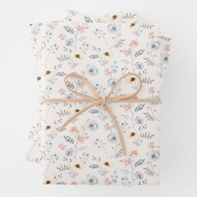 Pastel Poppy Floral Garden Pattern Wrapping Paper Sheets (In situ)