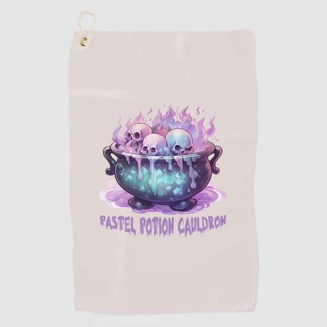 Pastel Potion Cauldron with Purple Skull Golf Towel (Front)