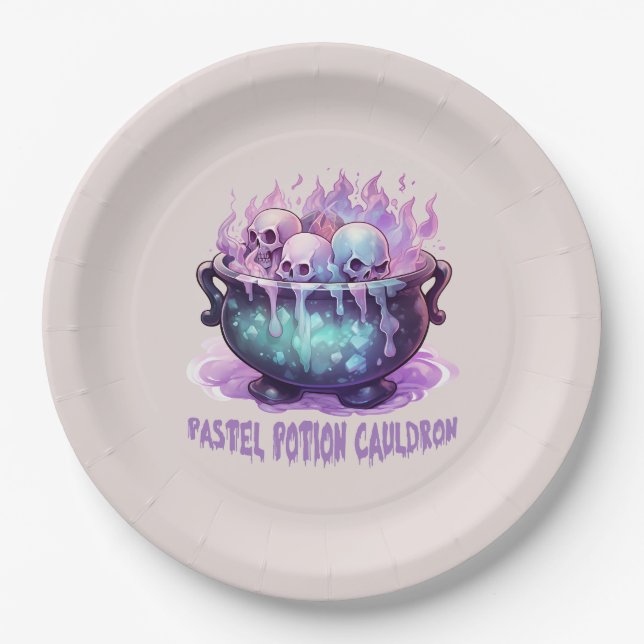Pastel Potion Cauldron with Purple Skull Paper Plates (Front)