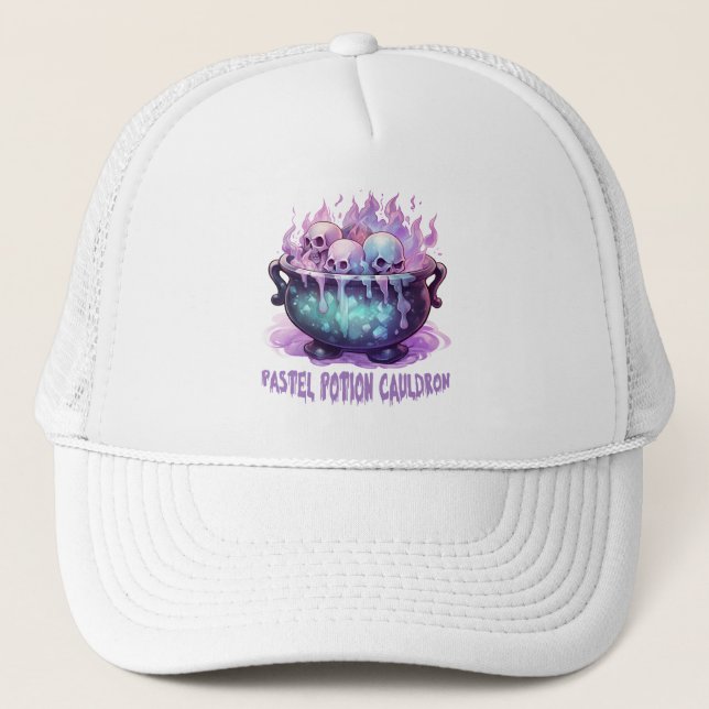 Pastel Potion Cauldron with Purple Skull Trucker Hat (Front)