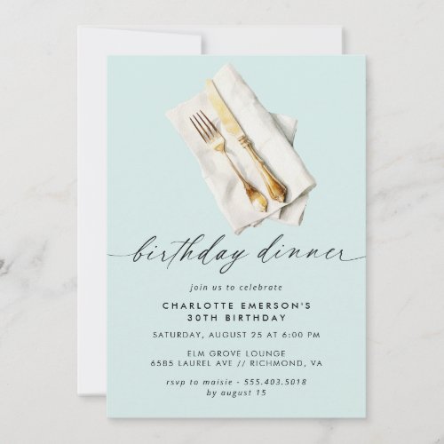 Pastel Powder Blue  Cute Script Birthday Dinner Invitation