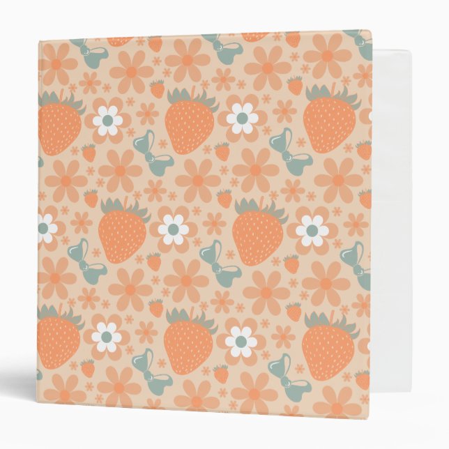 Pastel Preppy Retro Strawberries and Bow 3 Ring Binder (Front/Inside)