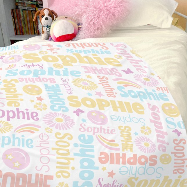 Pastel preppy smilie faces star custom name Sophie Fleece Blanket (Creator Uploaded)