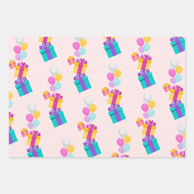 Pastel Present And Balloon Pattern  Wrapping Paper Sheets (Front)