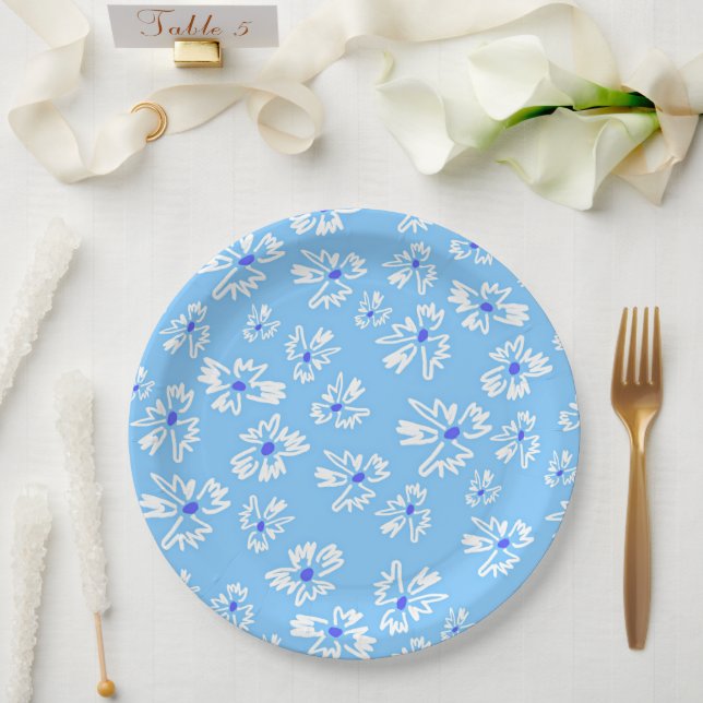 Pastel Pretty Blue and White Flowers Paper Plates (Wedding)