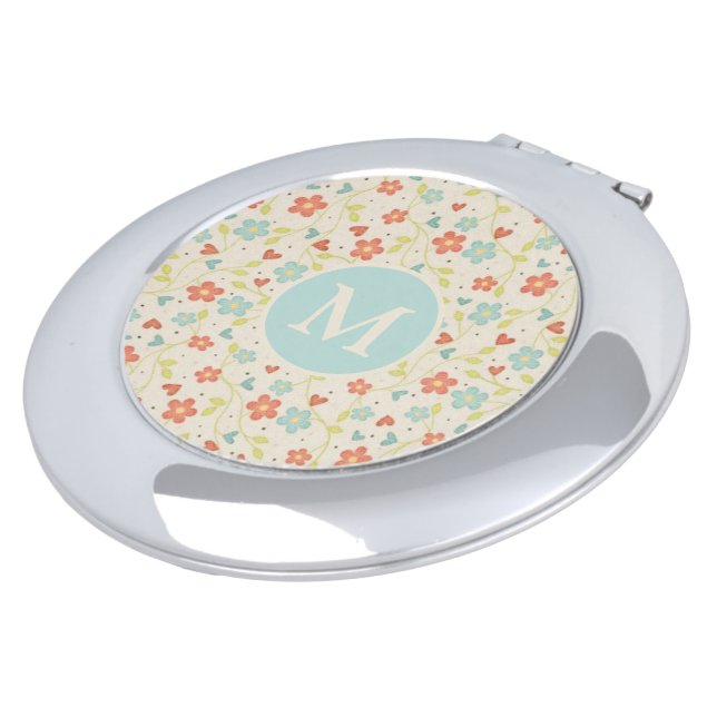 Pastel Pretty Spring Floral Pattern Monogram Compact Mirror (Turned)