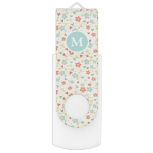 Pastel Pretty Spring Floral Pattern Monogram Flash Drive