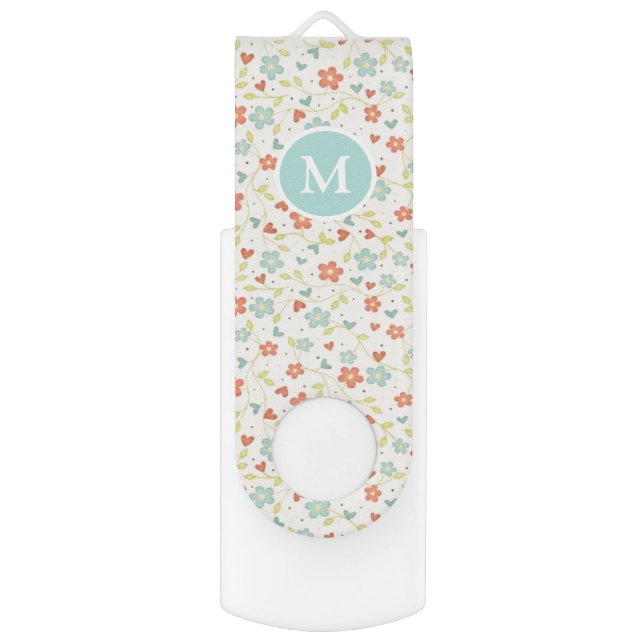 Pastel Pretty Spring Floral Pattern Monogram Flash Drive (Front Vertical)