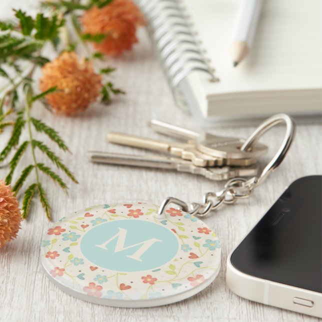 Pastel Pretty Spring Floral Pattern Monogram Keychain (Front Right)