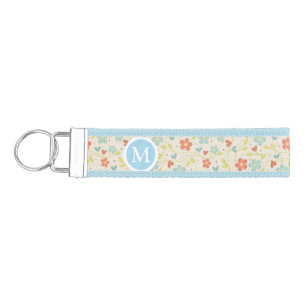 Pastel Pretty Spring Floral Pattern Monogram Wrist Keychain