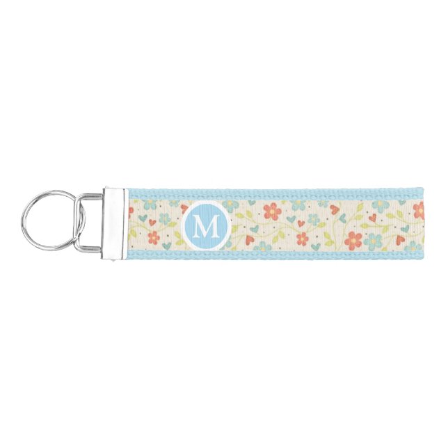 Pastel Pretty Spring Floral Pattern Monogram Wrist Keychain (Keys on Left)
