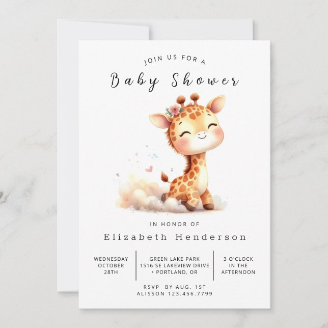 Pastel Printable Giraffe Baby Shower Invitation (Front)