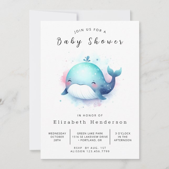 Pastel Printable Whale Baby Shower Invitation (Front)