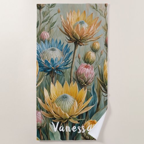 Pastel Protea Dream Elegant Floral Beach Towel