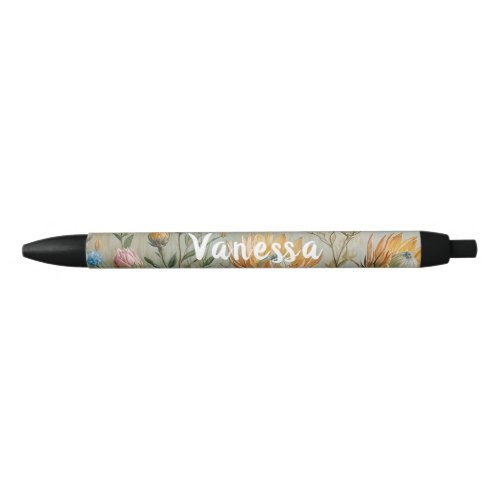 Pastel Protea Dream Elegant Floral Black Ink Pen