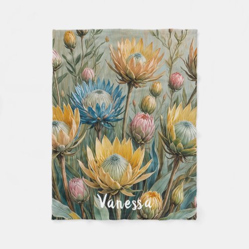 Pastel Protea Dream Elegant Floral Fleece Blanket