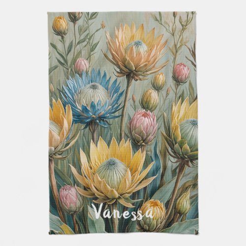 Pastel Protea Dream Elegant Floral Kitchen Towel