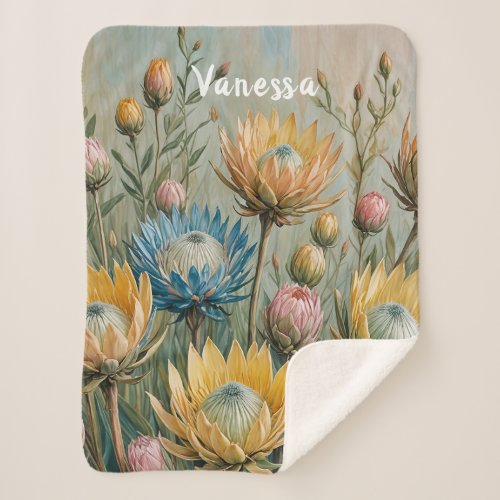 Pastel Protea Dream Elegant Floral Sherpa Blanket