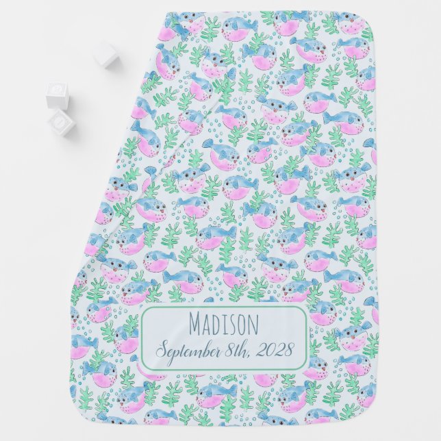 Pastel Puffer Fish Ocean Theme Name Birth Date Bab Baby Blanket (In Situ)
