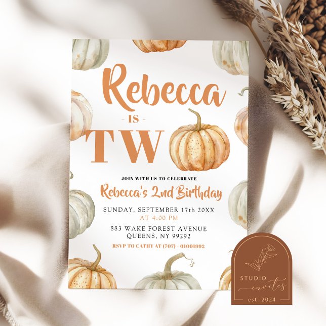 Pastel Pumpkin Fall Gender Neutral 2nd Birthday Invitation (Creator Uploaded)