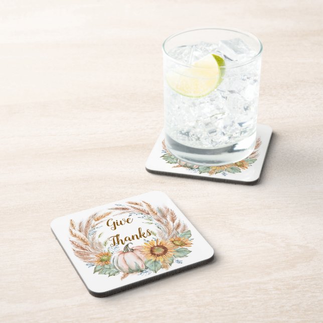 Pastel pumpkin floral custom autumn beverage coaster (Right Side)