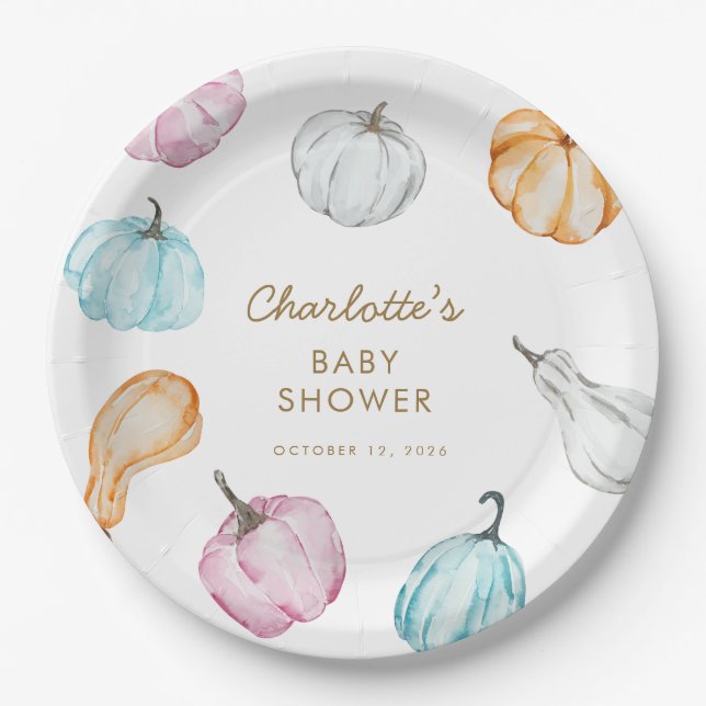 Pastel Pumpkin Gender Neutral Fall Baby Shower Paper Plates (Front)