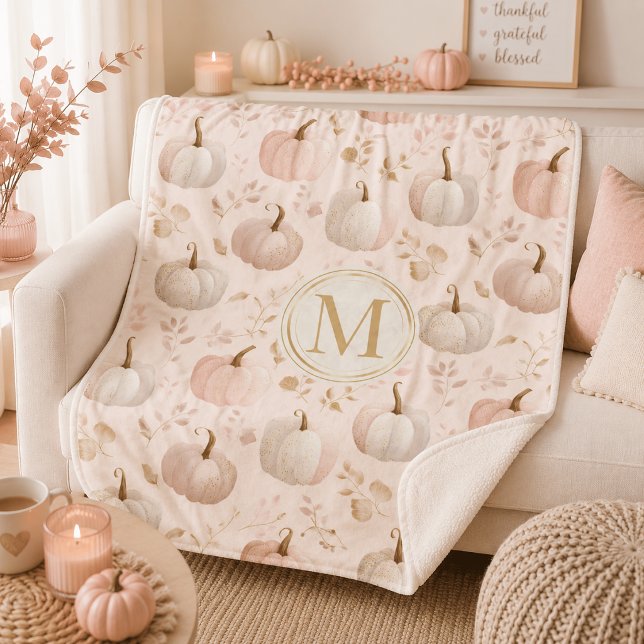 Pastel Pumpkin Monogram – Personalized Initial Sherpa Blanket (Creator Uploaded)