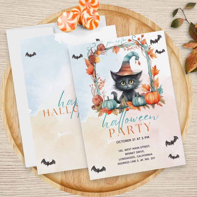 Pastel Pumpkin Patch Black Cat Halloween Party Invitation (Creator Uploaded)