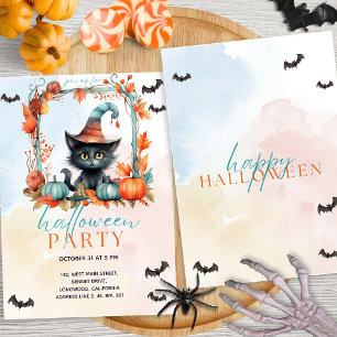 Pastel Pumpkin Patch Black Cat Halloween Party Invitation