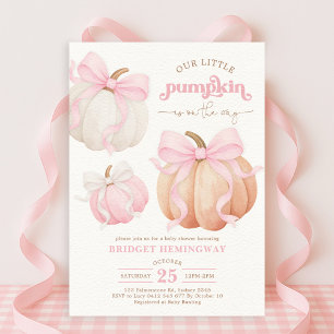 Pastel Pumpkin Pink Bow Girl Baby Shower Invitation