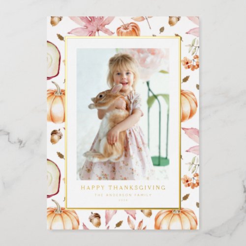 Pastel Pumpkins and Apples Thanksgiving Photo Foil Holiday Card