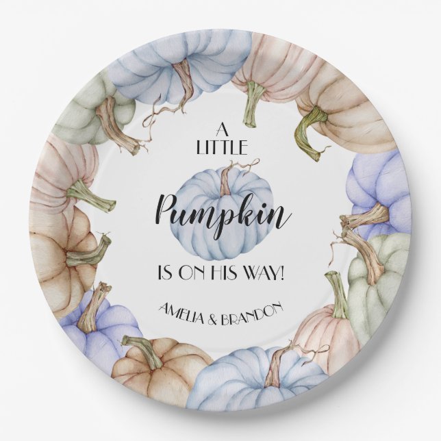 Pastel Pumpkins Boy Baby Shower Paper Plates (Front)