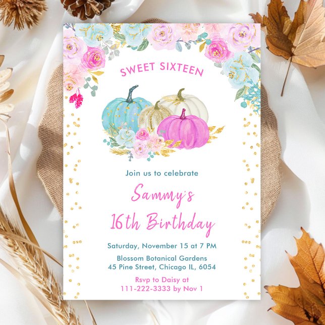 Pastel Pumpkins Confetti Sweet Sixteen Invitation (Creator Uploaded)