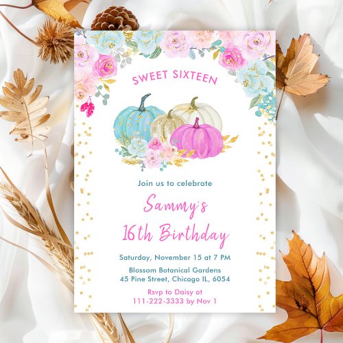 Pastel Pumpkins Confetti Sweet Sixteen Invitation