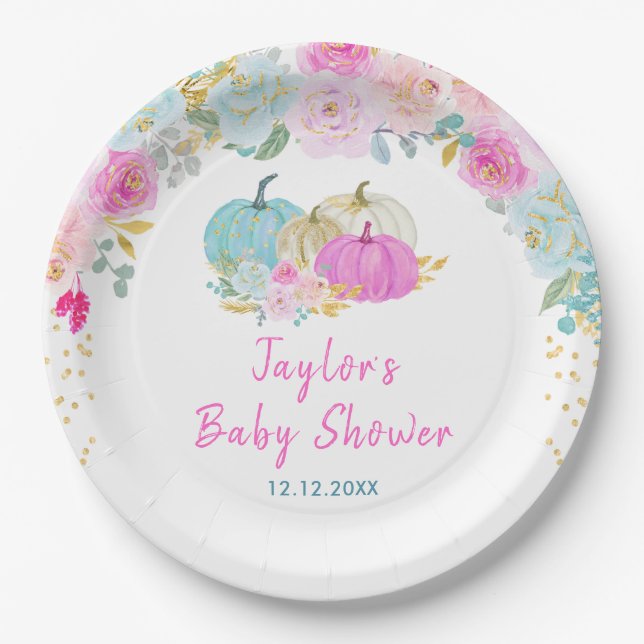 Pastel Pumpkins Floral Baby Shower Paper Plates (Front)