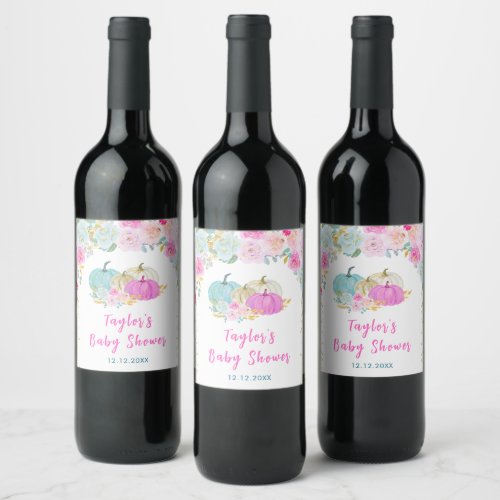 Pastel Pumpkins Floral Baby Shower Wine Label