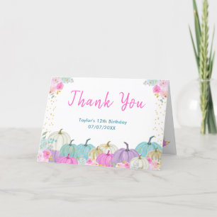 Pastel Pumpkins Floral Birthday Party Letterpress Thank You Card