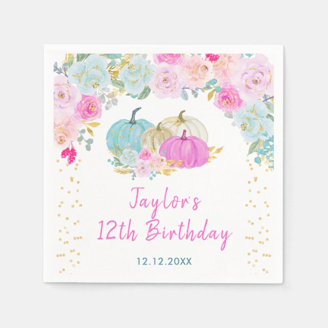 Pastel Pumpkins Floral Birthday Party Napkins (Front)