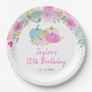 Pastel Pumpkins Floral Birthday Party Paper Plates