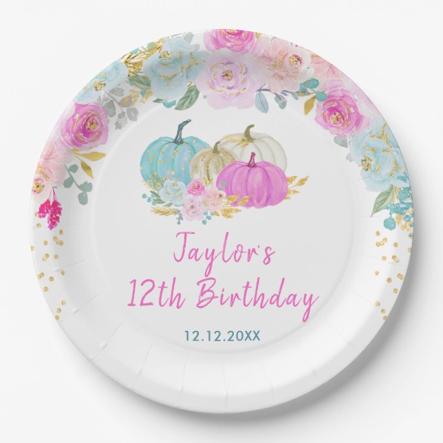Pastel Pumpkins Floral Birthday Party Paper Plates (Front)