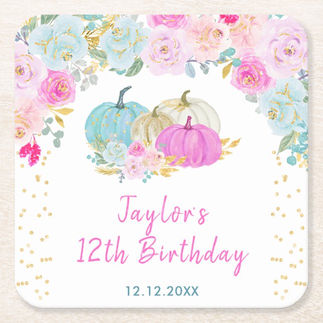Pastel Pumpkins Floral Birthday Party Square Paper Coaster (Front)