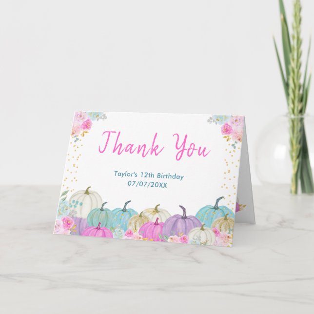 Pastel Pumpkins Floral Birthday Party Thank You Card (Front)